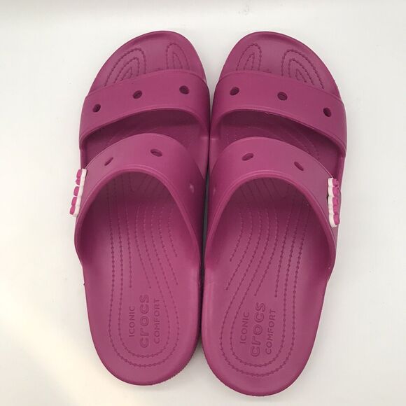 CROCS Iconic Comfort Men's 13 Pink Slides Fushia Fun Double Strap Sandal Jibbits - Picture 6 of 12